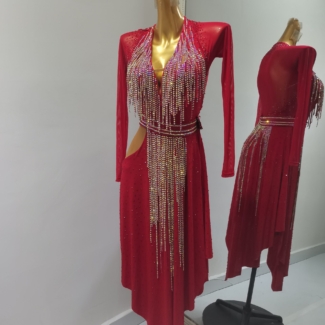red latin dance dress stoned fringe crystals