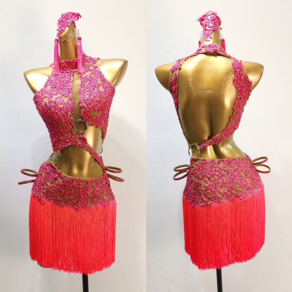 Pink Latin and Rhythm dance dress with lace pattern, cut-outs and fringe