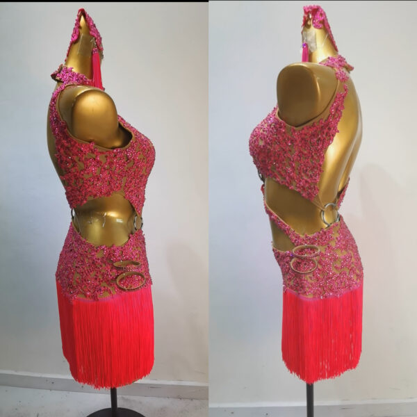Pink Latin and Rhythm dance dress with lace pattern, cut-outs and fringe - Image 2