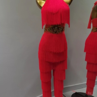 red fringe latin dance outfit