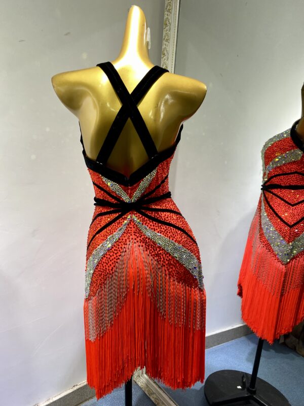 Orange red Latin and Rhythm dance dress with velvet stripes, fringe and crystals - Image 2