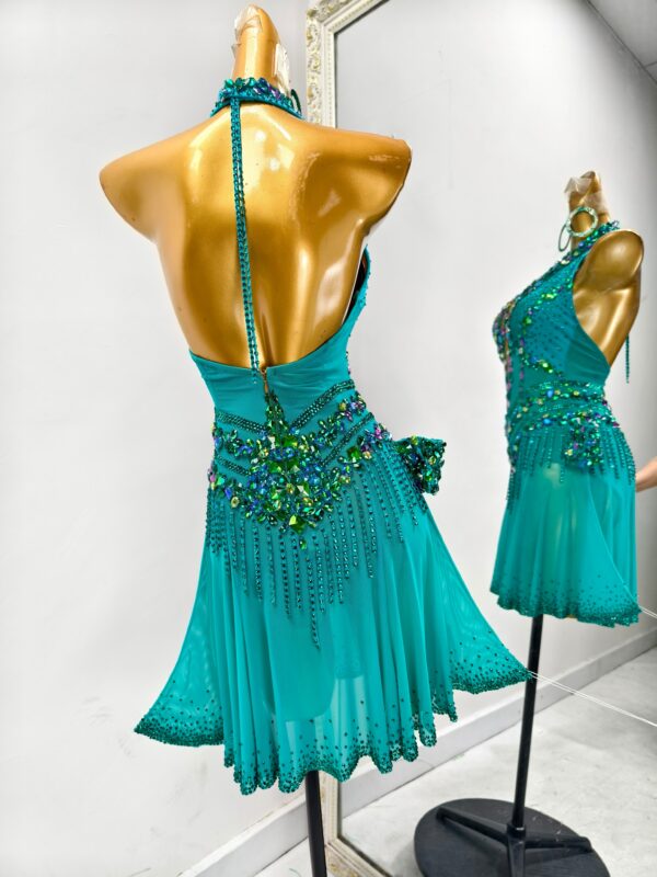 Emerald green Latin and Rhythm dance dress with crystals, stoned fringe and flared skirt - Image 2