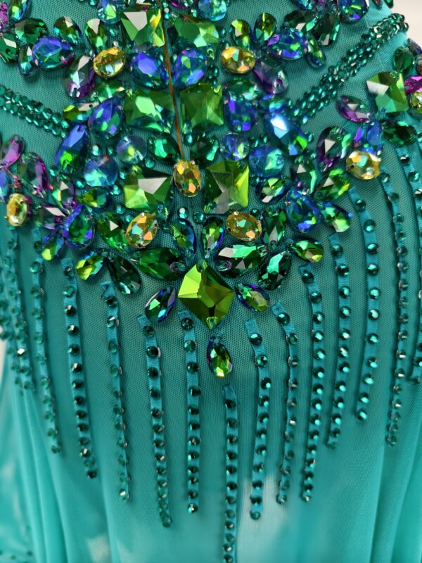 Emerald green Latin and Rhythm dance dress with crystals, stoned fringe and flared skirt - Image 3