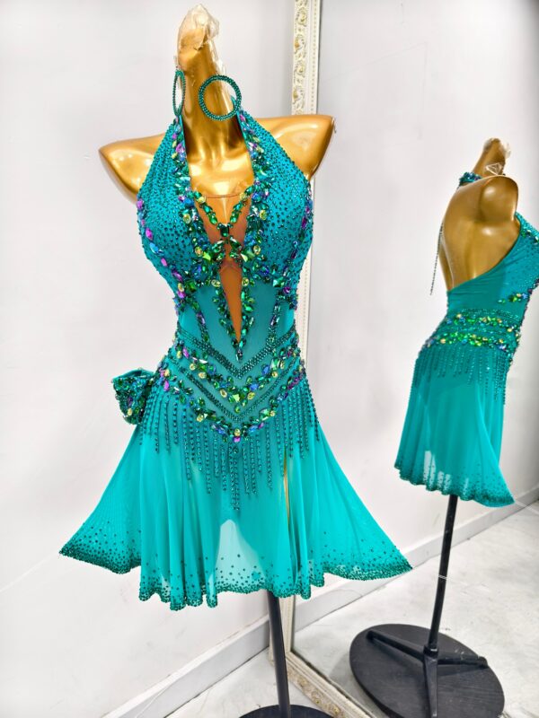 Emerald green Latin and Rhythm dance dress with crystals, stoned fringe and flared skirt