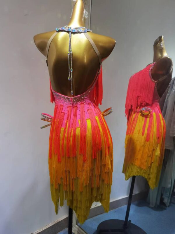 Latin and rhythm dance dress with pink orange and yellow fringe - Image 2