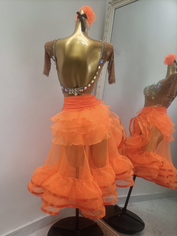 Orange Latin and Rhythm dance dress with layered organza skirt - Image 2