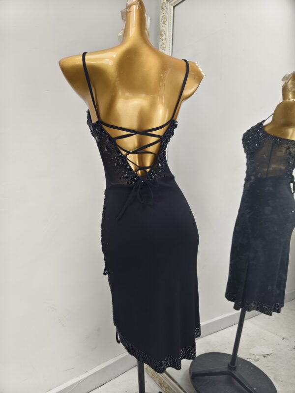 Black Latin and Rhythm dance dress with wrapped skirt and crystals - Image 2