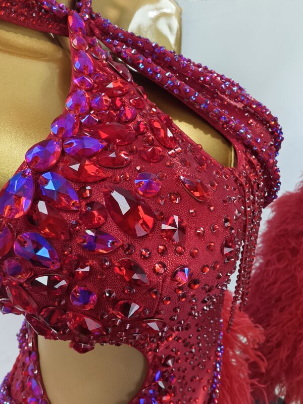 Red Latin and Rhythm dance dress with feathers and crystals - Image 3