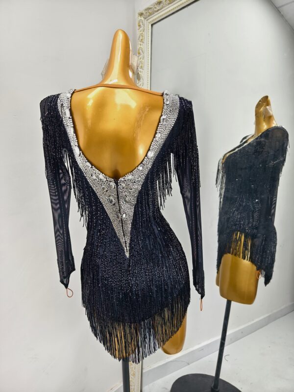 Black Latin and Rhythm dance dress with velvet stripes, beaded fringe and crystals - Image 3