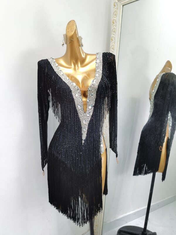 Black Latin and Rhythm dance dress with velvet stripes, beaded fringe and crystals