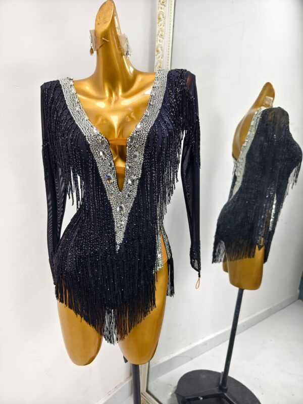 Black Latin and Rhythm dance dress with velvet stripes, beaded fringe and crystals - Image 2