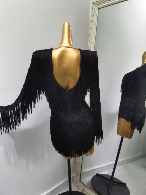 Black fringe Latin and Rhythm dance dress with fringe and slit - Image 2