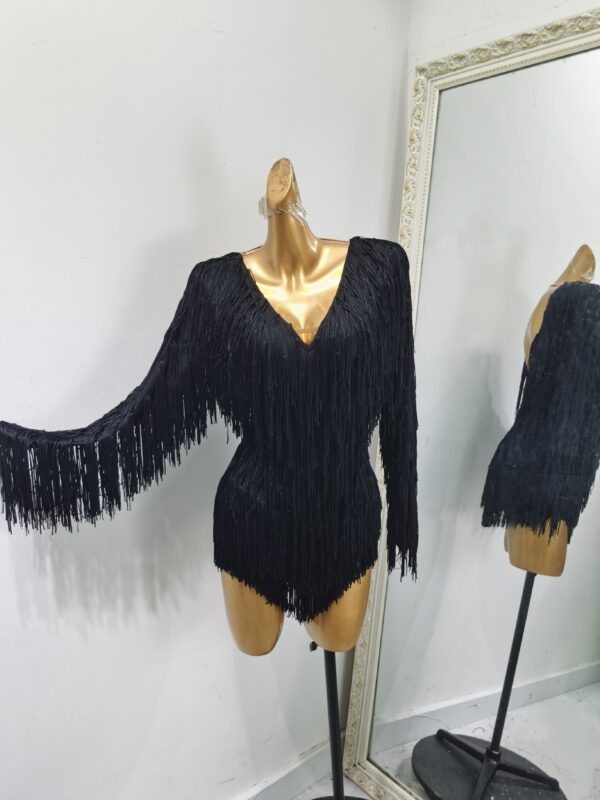 Black fringe Latin and Rhythm dance dress with fringe and slit