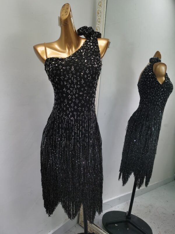 Black Latin and Rhythm dance dress with stoned fringe