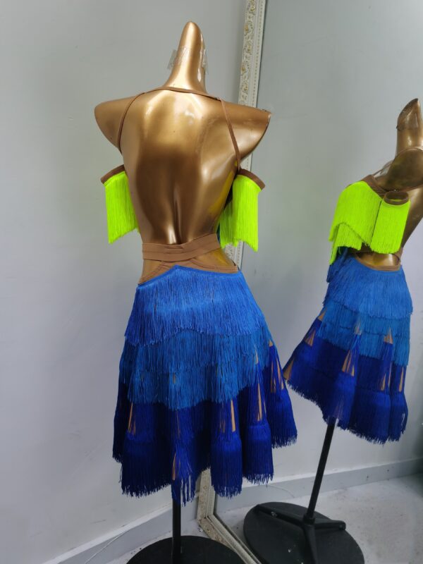 Green and blue Latin and Rhythm dance dress with fringe - Image 2
