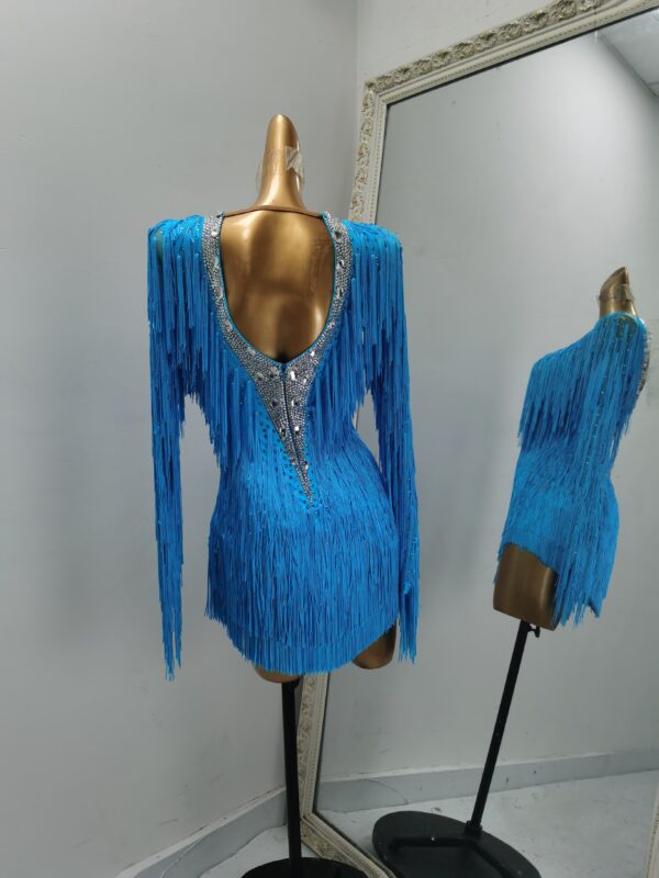 Blue Latin and Rhythm dance dress with fringe and crystals - Image 2