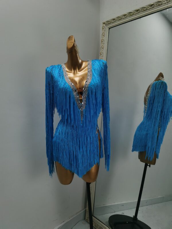 Blue Latin and Rhythm dance dress with fringe and crystals