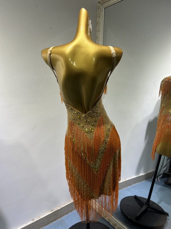Orange Latin and Rhythm dance dress with fringe and crystals - Image 2