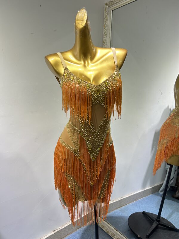Orange Latin and Rhythm dance dress with fringe and crystals