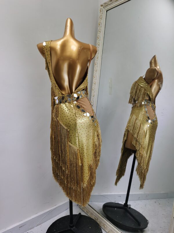 Golden Latin and Rhythm dance dress with fringe and crystals - Image 2