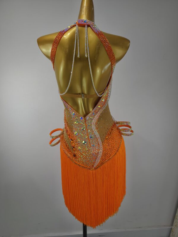Orange Latin and Rhythm dance dress with beaded fringe and crystals - Image 2