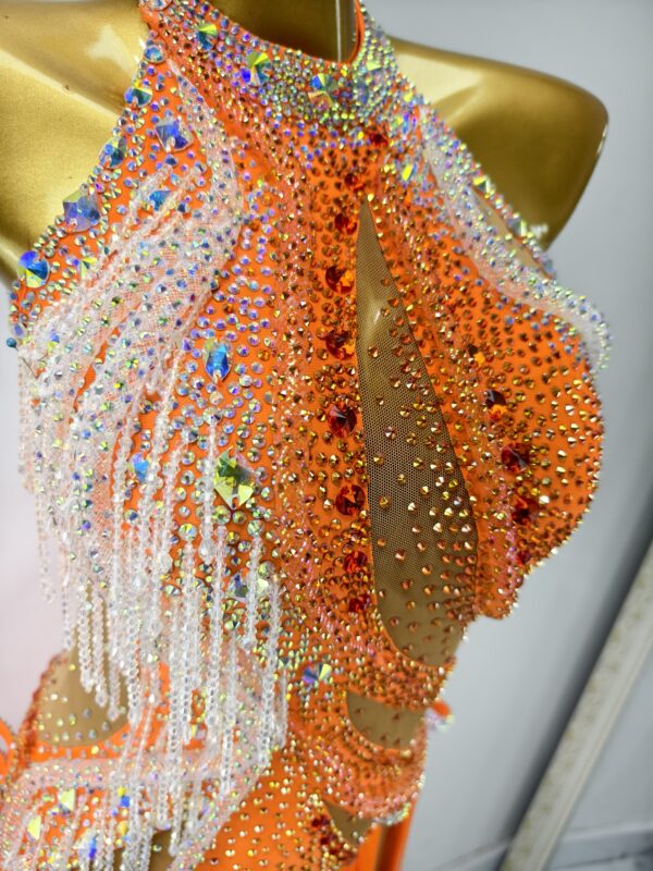 Orange Latin and Rhythm dance dress with beaded fringe and crystals - Image 3