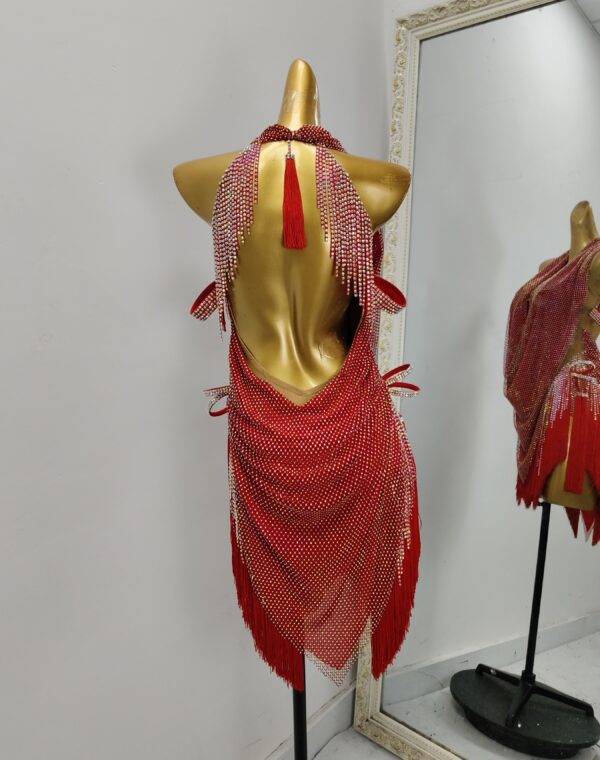 Red Latin and Rhythm dance dress with mesh net and fringe - Image 2