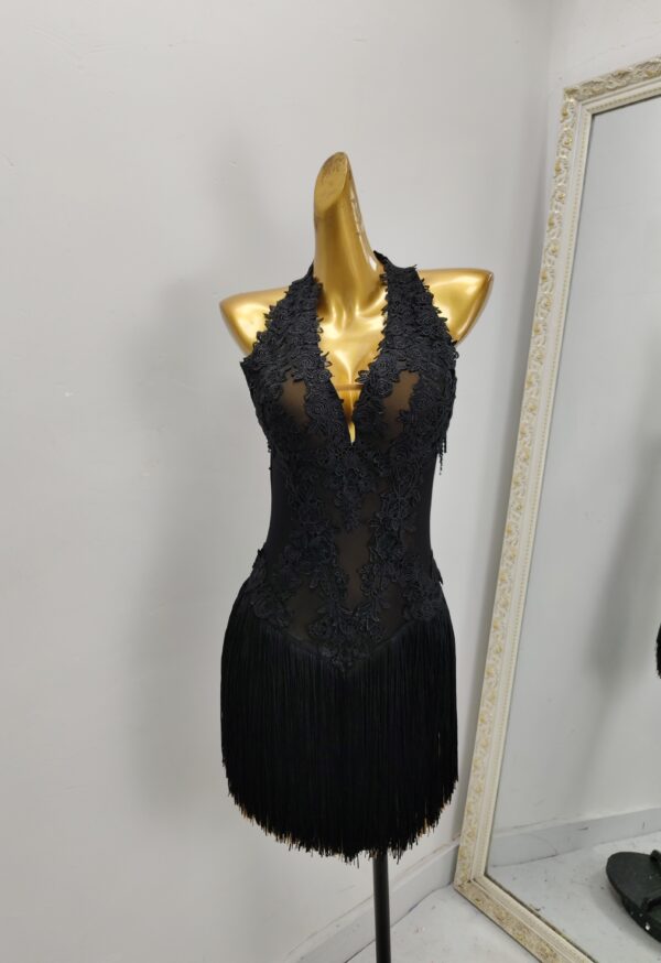 Black Latin and Rhythm dance dress with appliques and crystals