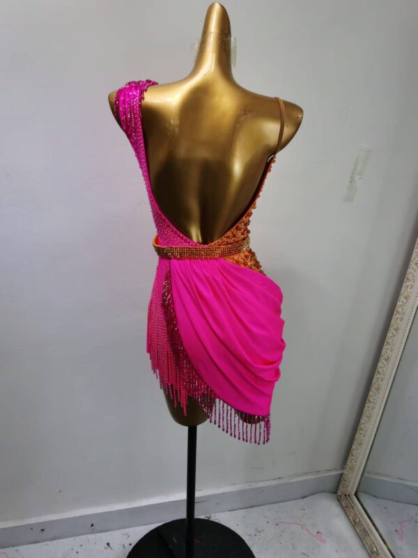 Orange and fuchsia pink Latin and Rhythm dance dress with crystals - Image 2