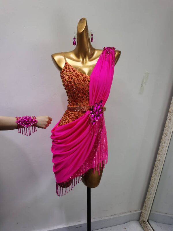 Orange and fuchsia pink Latin and Rhythm dance dress with crystals