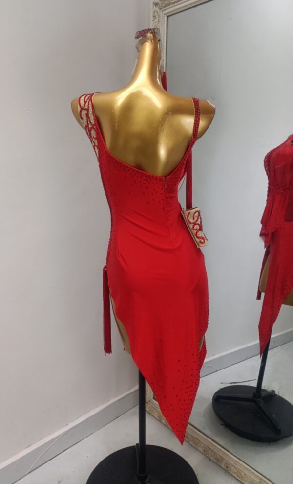 Red Latin and Rhythm dance dress with tassels and slit - Image 2