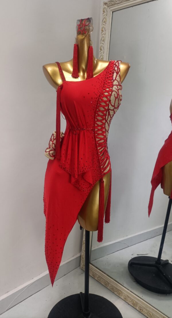 Red Latin and Rhythm dance dress with tassels and slit
