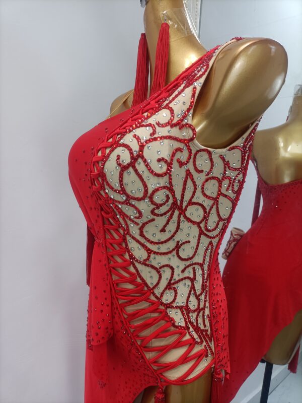 Red Latin and Rhythm dance dress with tassels and slit - Image 3