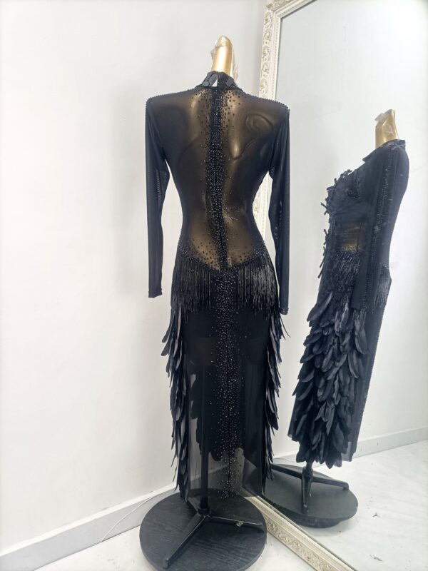 Latin and Rhythm dance dress with black feathers and slits - Image 2