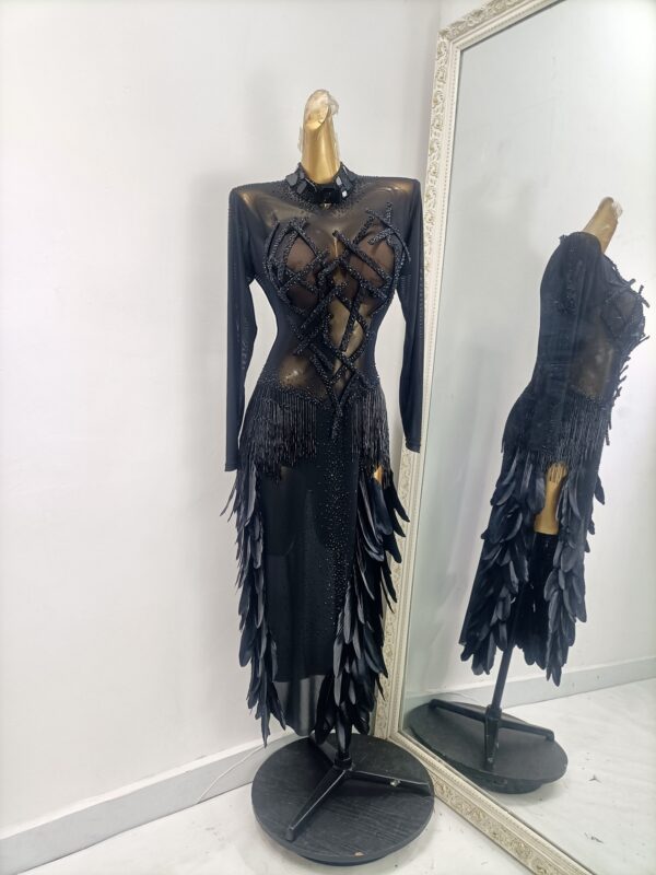 Latin and Rhythm dance dress with black feathers and slits