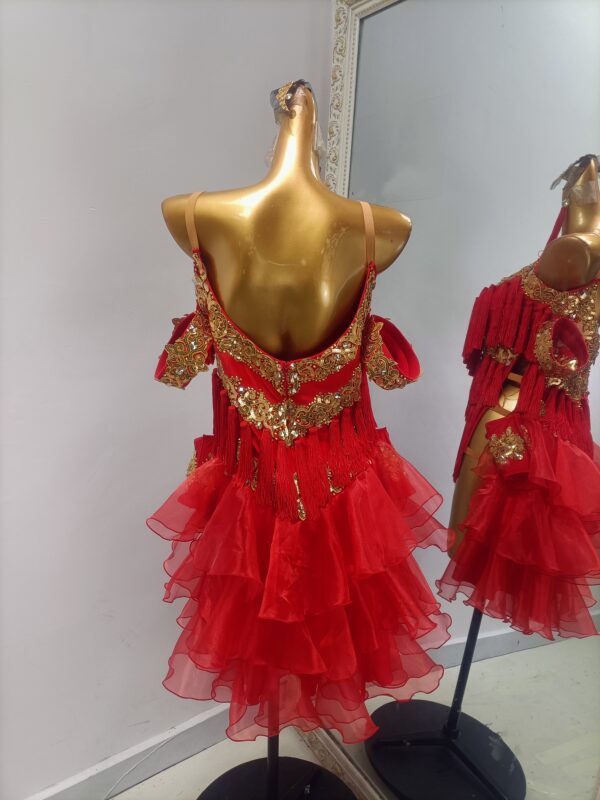 Red Latin and Rhythm dance dress with tassels and layered skirt - Image 2