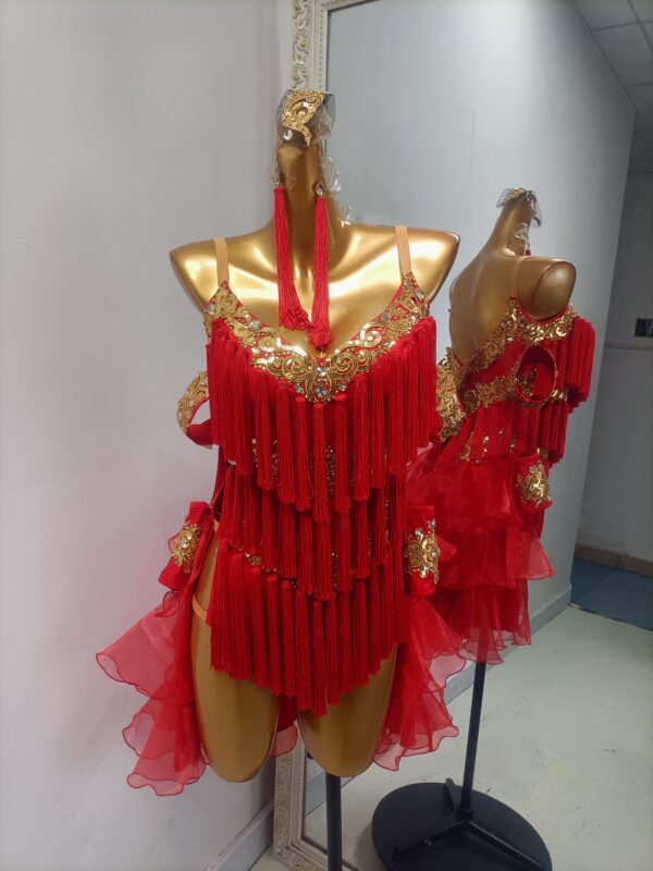 Red Latin and Rhythm dance dress with tassels and layered skirt