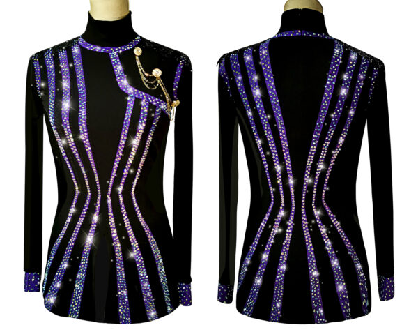 Men's black Latin and Rhythm dance shirt with purple stripes and crystals