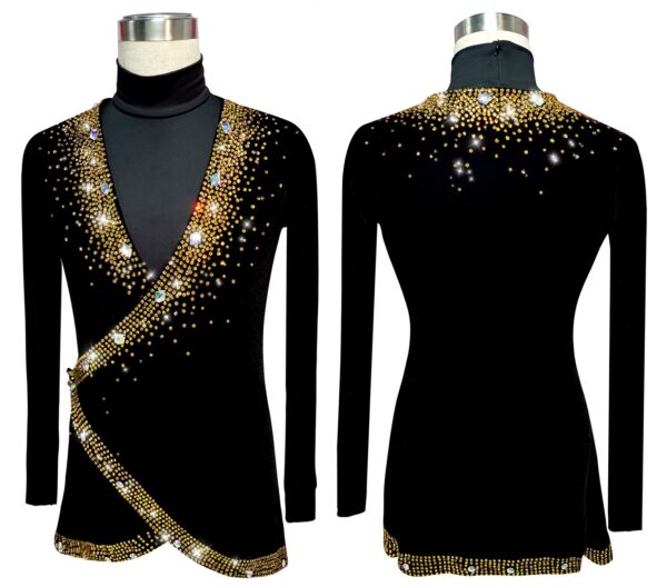 Men's black Latin and Rhythm dance shirt with black leotard and velvet jacket and golden crystals