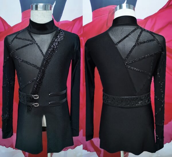 Men's black Latin and Rhythm dance shirt with mesh net, stripes and crystals
